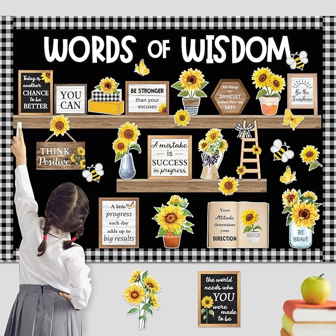 57 Pcs Sunflower Bulletin Board Set Inspirational Flower Bulletin Board Decoration Positive Cutout Classroom Decoration for School Office Home Teacher Classroom Wall Supplies