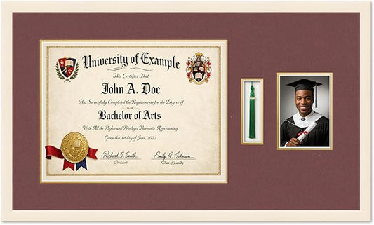 Diploma Tassel and Photo Shadowbox Fits 17 x 13 International Diploma with Tassel Coastal Whitewash Genuine Hardwood with Dark Red Over Metallic Gold Double mat
