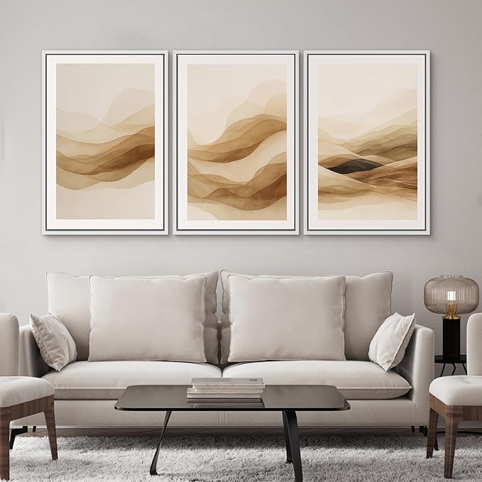 SIGNWIN Framed Canvas Print Wall Art Set Brown Abstract Mountain Neutral Minimalist Landscape Illustrations Modern Art Decorative Nordic Abstract for Living Room, Bedroom, Office - 24"x36"x3 White