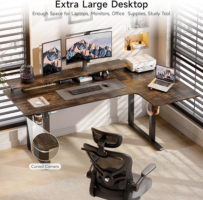 L Shaped Electric Standing Desk, 71x43'' Computer Desks with 2 Monitor Shelves, Dual Motor and Memory Controller, Gaming Corner Desk Adjustable Height from 28-46'' for Home Office, Rustic Brown