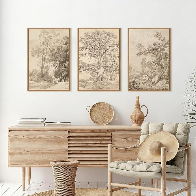 Ausril Large Vintage Sketchbook Framed Canvas Wall Art Set, Minimalist Tree Sketch Wall Decor, Neutral Botanical Wall Painting, Boho Nature Landscape Art Print Living Room, Bedroom, Office 16"x24"x3