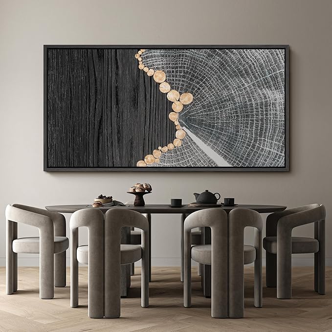 SIGNFORD Extra Large Framed Canvas Black Wood and Tree Ring Abstract Illustrations Modern Art Calm for Living Room, Bedroom, Office - 60"x30"