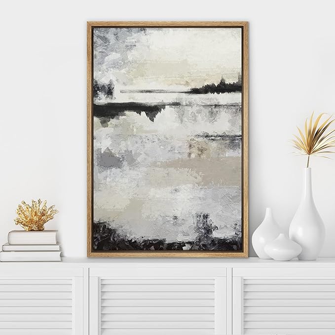 SIGNWIN Framed Canvas Print Wall Art Grunge Gray Black Paint Stroke Landscape Abstract Shapes Illustrations Modern Art Minimal Multicolor for Living Room, Bedroom, Office - 24"x36" Natural
