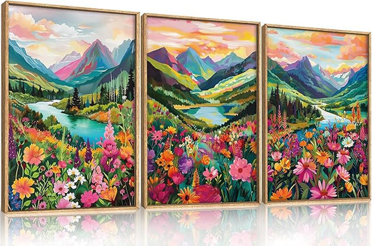 Boho Wildflower Framed Canvas Wall Art,Abstract Mountain Landscape Wall Decor,Colorful Flowers Blossom Painting,Nature Botanical Artwork for Living Room,Bedroom,Office,Farmhouse - 12"x16"x3