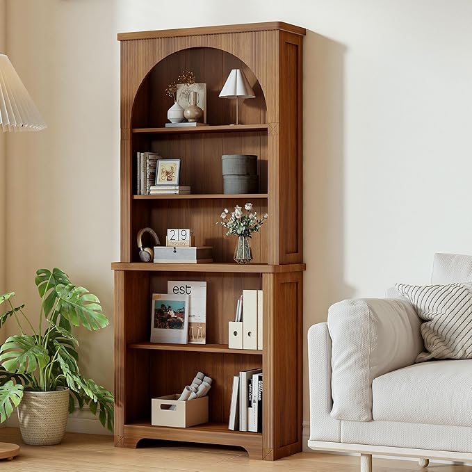 71" Tall Narrow Arched Bookshelf, Mid Century Modern 5-Tier Arched Narrow Storage Bookcase with Adjustable Open Display Shelf for Office, Living Room (Walnut)