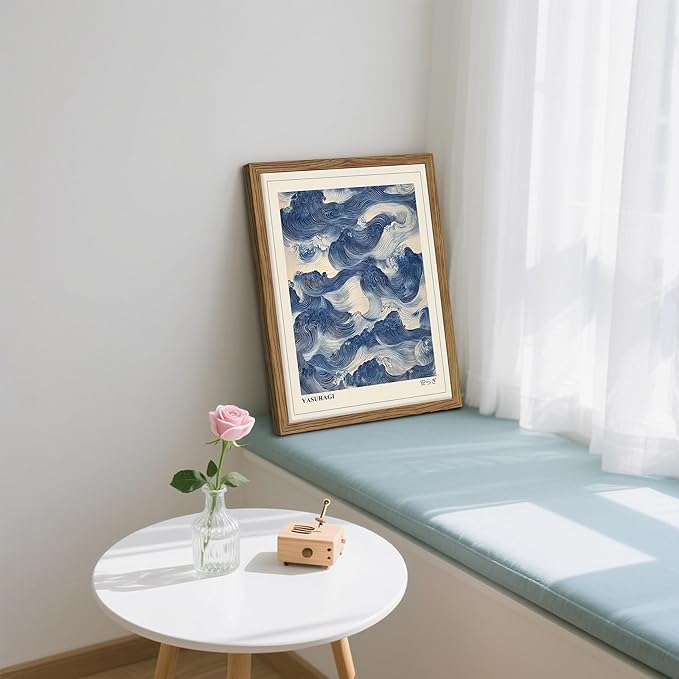 Framed Japanese Wall Art, Vintage Abstract Blue Waves Canvas Wall Decor Painting, Minimalist Japandi Oriental Ocean Aesthetic Prints Picture for Living Room Bathroom Bedroom 12x16 Inch
