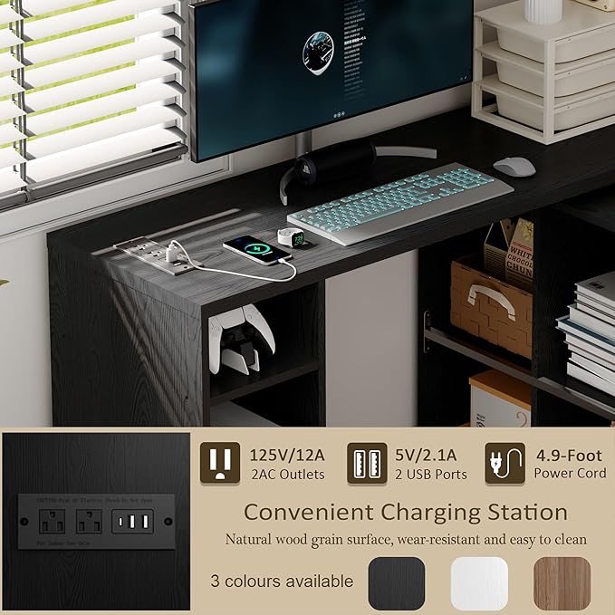 Black L-Shaped Computer Desk with Storage Shelves, Small Study Writing Desk with Charging Station, 67” Bedroom Side Table & 360° Rotating Desk for Living Room