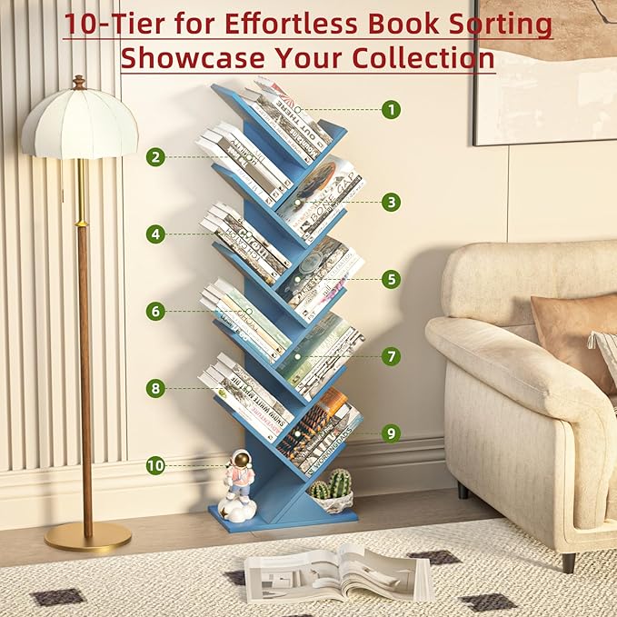 10 Tier Tree Book Shelf, Floor Standing Wood Bookshelf for Narrow Space, Storage Organizer Bookshelves for Books/CDs/Magazine, Bookcase with Shelves for Home Office, Living Room - Pure Blue