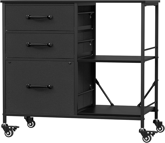 JungleA 3 Drawer Mobile File Cabinet, with 3 Fabric Drawers and 2 Shelves, Mobile Storage Organizer Cart for Office, Study Room, Library, Black
