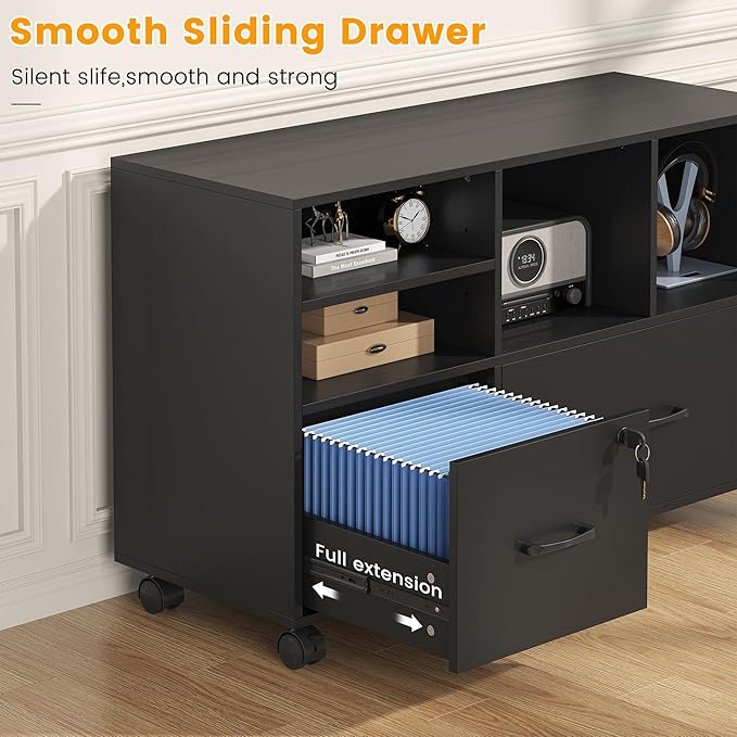2 Drawer Wood Mobile Large Lateral File Cabinet, Lockable Rolling Filing Cabinet with Storage Shelves, Printer Stand Office Storage Cabinet for Home Office Fits Files Legal/A4, Black
