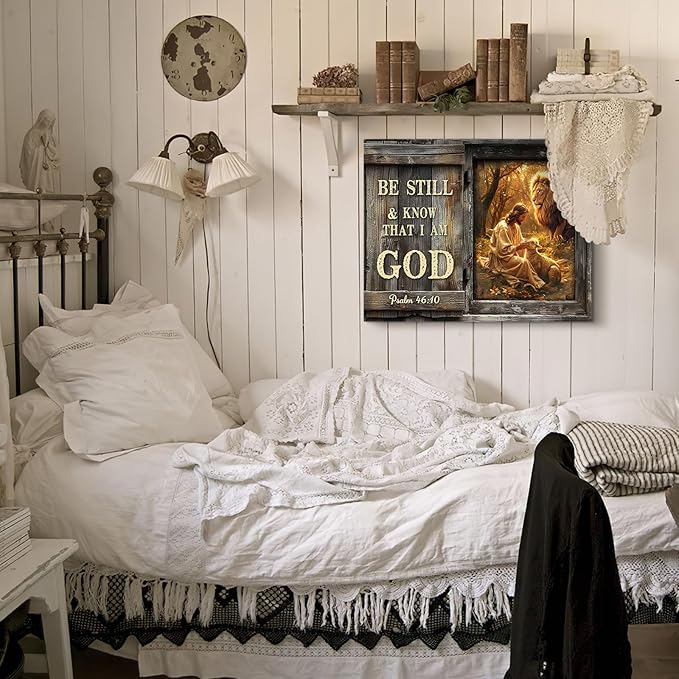 Farmhouse Inspirational Bible Verse Wall Art Be Still and Know That I Am God Rustic Jesus Lion Lamb Canvas Print Framed Artwork Christian Scripture Quotes Wall Decor for Living Room Bedroom 16"x24"