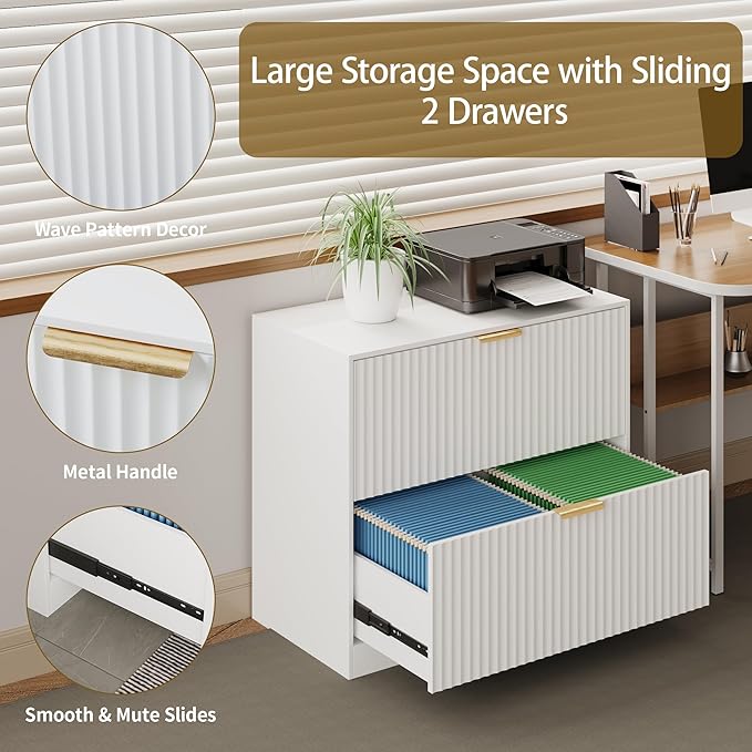 Wooden Two-Drawer Filing Cabinet,Horizontal Home Office Filing Cabinet with Three-Level Adjustable Hanging Rails,Doubles as A Printer Stand,Suitable for A4/Letter/Legal Sizes(White-04)