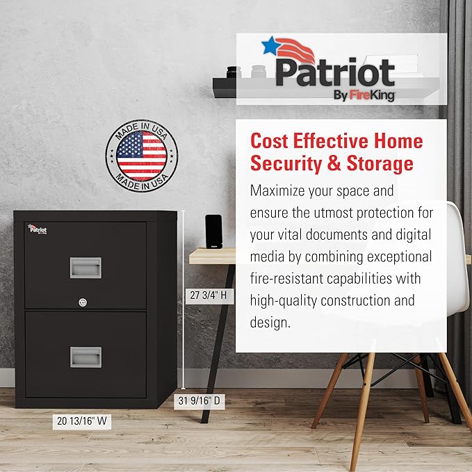 FireKing Patriot 2P1831-CBL Insulated UL Class 350 one-Hour Fire Rated Vertical Filing Cabinet with 2 Drawers, Deep Letter Size, 31-9/16" Length x 17-3/4" Width x 27-3/4" Height, Black