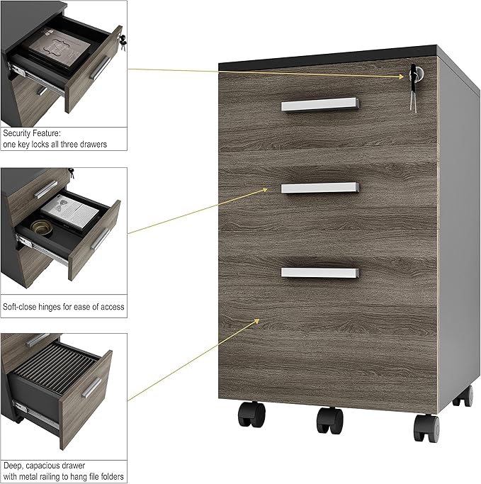 Modern Design Lazio File Cabinet, Filing Cabinets for Home Office, Drawers for Under Desk, Locking 3 Drawer Rolling Wood Filing Cabinet with Lock, Black and Grey, by Crafts and Comfort