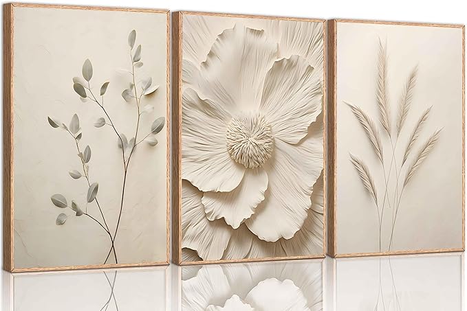 3Pcs Neutral Beige Floral Plant Canvas Wall art Textured Flower Botanical Painting Picture Wall Decor Vintage Blossom Poster Prints for Living Room Bedroom Bathroom Decor Unframed