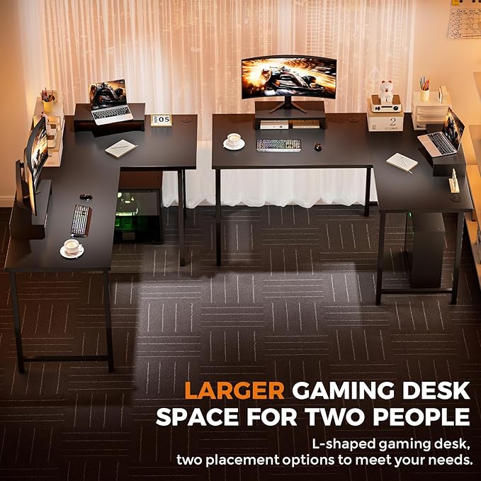 COMHOMA 57" L Shaped Desk with 2 Monitor Stand, Reversible Computer Desk Corner Desks Gaming Desk PC Table, Large Work Workstation for Gaming Writing Study, Black