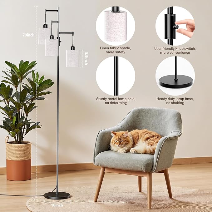 Dimmable Floor Lamp, Tall Standing Lamp with Linen Shade, Industrial Tree Floor Lamps for Living Room Bedroom Office, 3 x 1000LM LED Bulbs Included