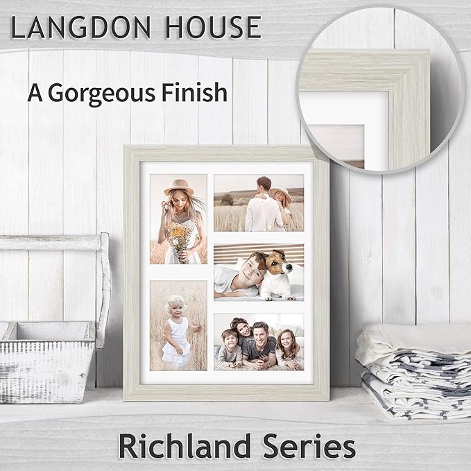 Langdon House 11x14 Almond White Collage Picture Frame w/Mat for 5-4x6 Photos, Woodgrain Style, Wall Mount Only, Richland Collection