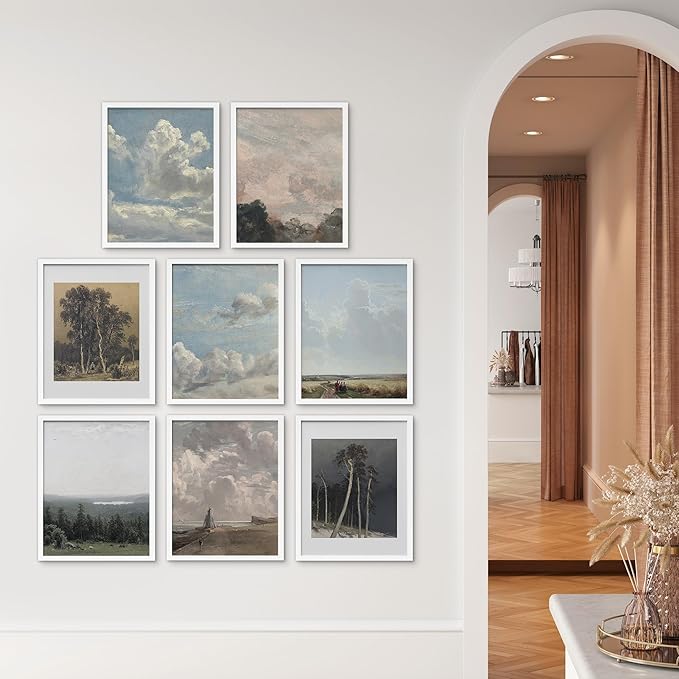 SIGNWIN Framed Poster Wall Art Set of Vintage Landscape Wall Antique Tree Cloud Art Rustic Framhouse Decor for Living Room, Bedroom, Office - 11"x14"x 8 White