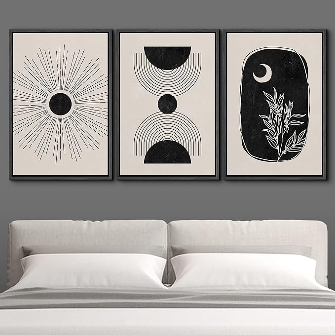 IDEA4WALL Framed Canvas Print Wall Art Set Geometric Shining Sun Crescent Moon Tree Polygons Abstract Shapes Illustrations Modern Art Nordic for Living Room, Bedroom, Office - 24"x36"x3 Black