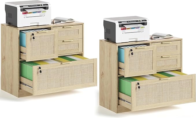 HOPUBUY Lockable 4 Drawers File Cabinet Set of 2, Lateral Filing Cabinet with Printer Stand for Home Office and School, Rattan File Cabinet for Hanging Files/Letter/Legal/A4/F4 Size, Natural Wood