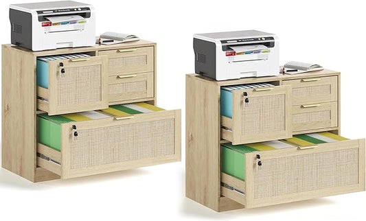HOPUBUY Lockable 4 Drawers File Cabinet Set of 2, Lateral Filing Cabinet with Printer Stand for Home Office and School, Rattan File Cabinet for Hanging Files/Letter/Legal/A4/F4 Size, Natural Wood