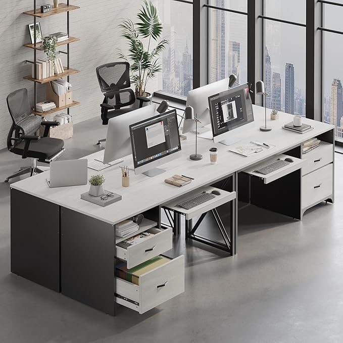 Bestier Office Desk with Drawers, 55 inch Industrial Computer Desk with Storage, Wood Teacher Desk with Keyboard Tray & File Drawer for Home Office, Wash White