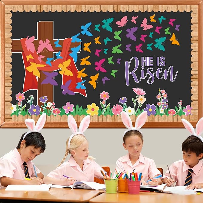 Easter Christian Bulletin Board Set He is Risen Paper Cutouts Butterfly Classroom Decoration Easter Butterfly Flowers Bulletin Board for Sunday Spring School Church Party Home Chalkboard Decor