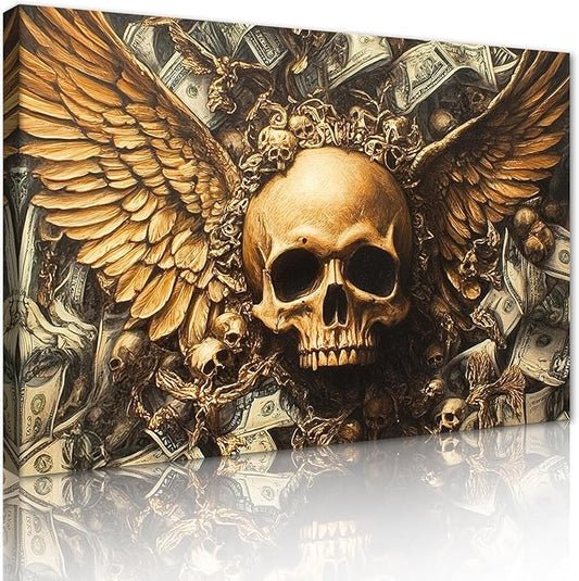 Money Wall Art Winged Skull and Dollar Posters Wall Decor Gothic Abstract Dark Canvas Print Artwork Suitable for Home Office Living Room Decor Ready to Hang 12X16inch