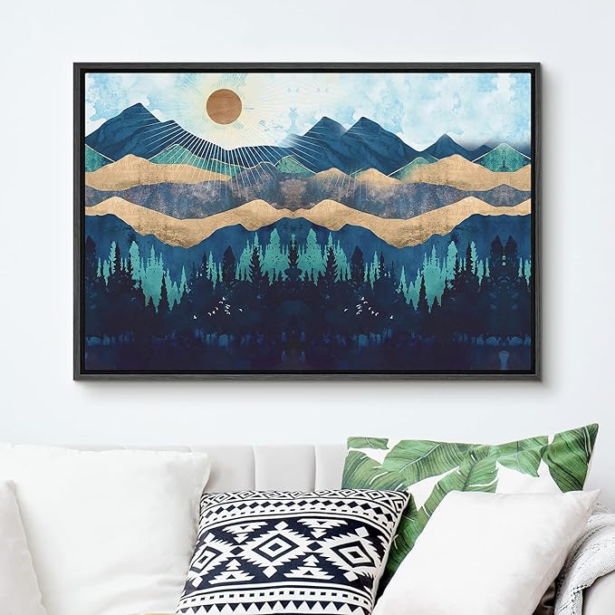 SIGNFORD Framed Canvas Print Wall Art Woodland Nursery Decor Blue Mountains & Forest Under Shining Sun Abstract Wilderness Modern Art Rustic Scenic for Living Room, Bedroom, Office - 16"x24" Black