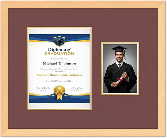 Diploma Frame With Photo Opening Natural Wood Dark Red Over Gold Mat - Fits 8.5 x 11 Degree and Picture Made in the USA