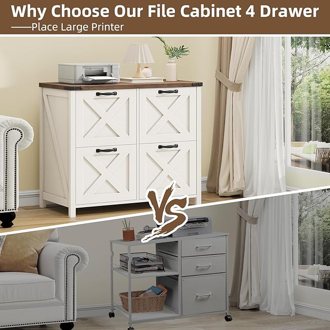 Farmhouse File Cabinet, Lateral Filing Cabinet with 4 Drawers for Letter/A4 Size Hanging Files, Wooden Printer Stand File Storage Cabinet for Home Office Cabinets, Rustic White