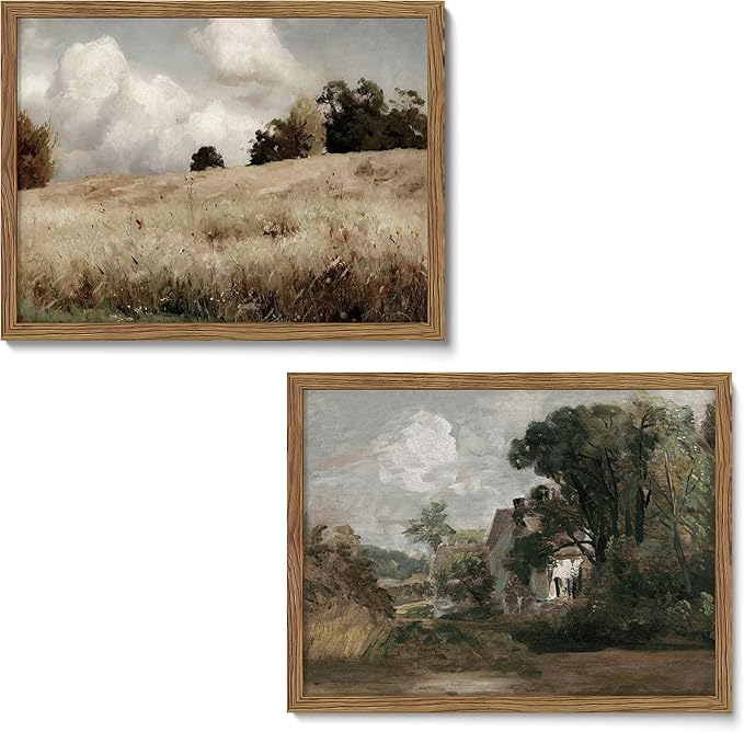 Framed Vintage Landscape Wall Art Set of 2, Rustic Farmhouse Field Canvas Wall Decor Paintings, Retro Nature Country Artwork Prints Pictures for Living Room Bedroom Home Decor 12x16 Inch
