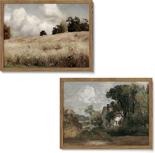 Framed Vintage Landscape Wall Art Set of 2, Rustic Farmhouse Field Canvas Wall Decor Paintings, Retro Nature Country Artwork Prints Pictures for Living Room Bedroom Home Decor 12x16 Inch