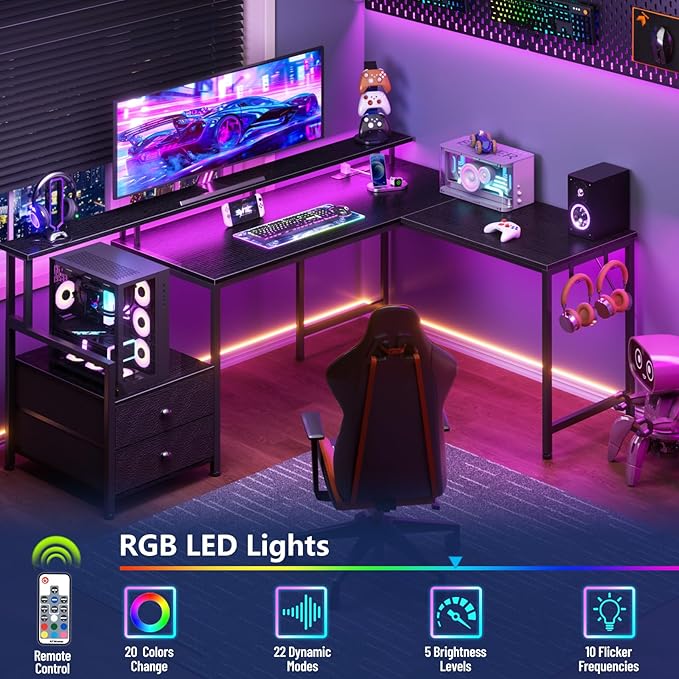 Furologee 66" L Shaped Gaming Desk with Power Outlet & LED Lights, Reversible Corner Computer Desk with 2 Drawers & Storage Shelves for Home Office, Large PC Table with Monitor Stand, Black