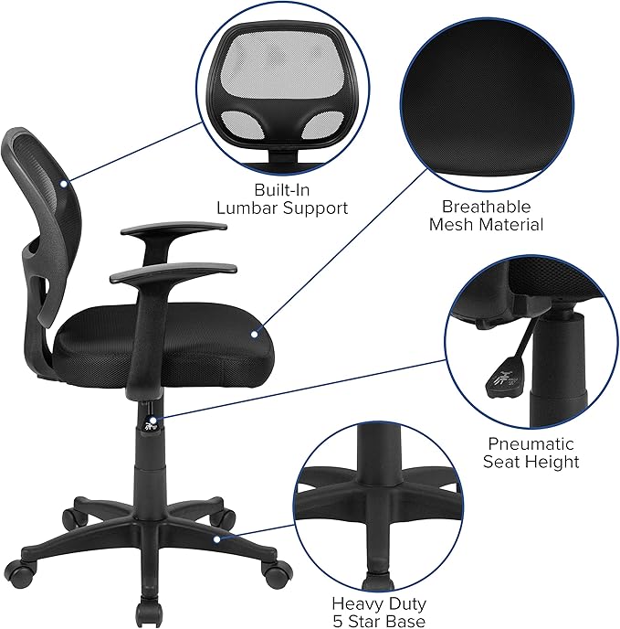 Flash Furniture Mallard Mid-Back Swivel Mesh Office Chair with Padded Seat and T-Arms, Height-Adjustable Ergonomic Padded Office Desk Chair, Black