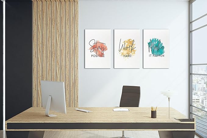 SHMAO Office Canvas Wall Art Motivational Wall Decor, 3 Piece Stay Work Make Print Pictures for Office Wall Decor Women Inspirational Framed Artwork Home Office Decor 12”x18”x3 Panels