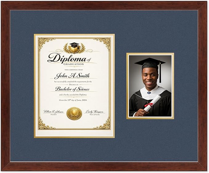 CountryArtHouse Fits 8.5 x 11 Certificate (Portrait) and 5 x 7 Photo Diploma and Photo Frame Rustic Walnut Genuine Hardwood with Navy Blue Over Metallic Gold Double mat