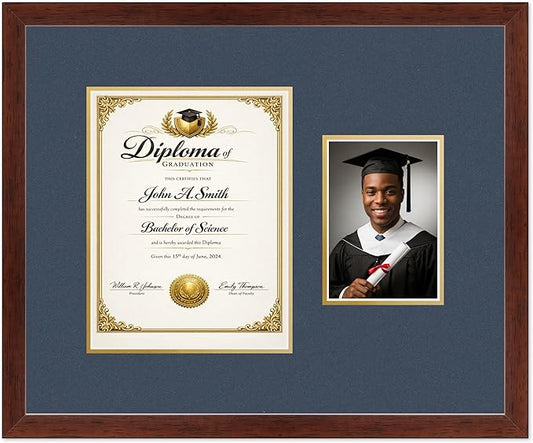 CountryArtHouse Fits 8.5 x 11 Certificate (Portrait) and 5 x 7 Photo Diploma and Photo Frame Rustic Walnut Genuine Hardwood with Navy Blue Over Metallic Gold Double mat