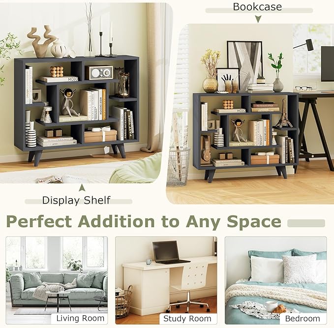Tangkula Geometric Bookshelf, 3 Tier Modern Freestanding Open Bookcase with Anti-Tipping Devices & Legs, Home Office Decorative Storage Organizer Display Shelf for Living Room Study (Dark Grey)