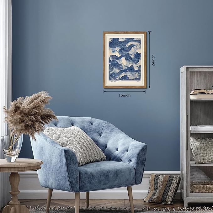 Framed Japanese Wall Art, Vintage Abstract Blue Waves Canvas Wall Decor Painting, Minimalist Japandi Oriental Ocean Aesthetic Prints Picture for Living Room Bathroom Bedroom 16x24 Inch