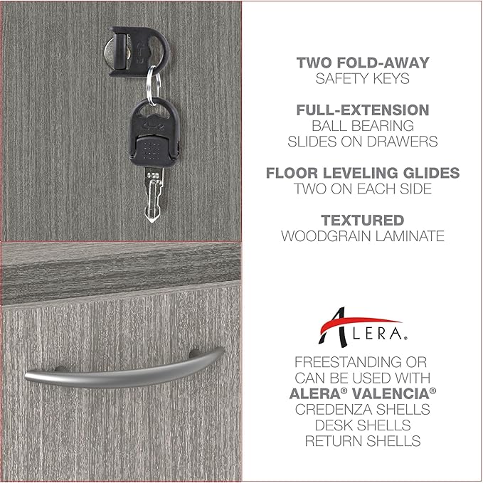 Alera Alera Valencia Series Full Pedestal File, Left or Right, 2 Legal/Letter-Size File Drawers, Gray, 15.63" x 20.5" x 28.5"