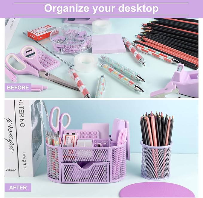 VAIPI 17 Pcs Purple Office Supplies Set Desk Organizers and Accessories with Mouse Pad, Calculator, Stapler, Staples, Scissors, Pens, Sticky Notes, Page Markers for Office School Home
