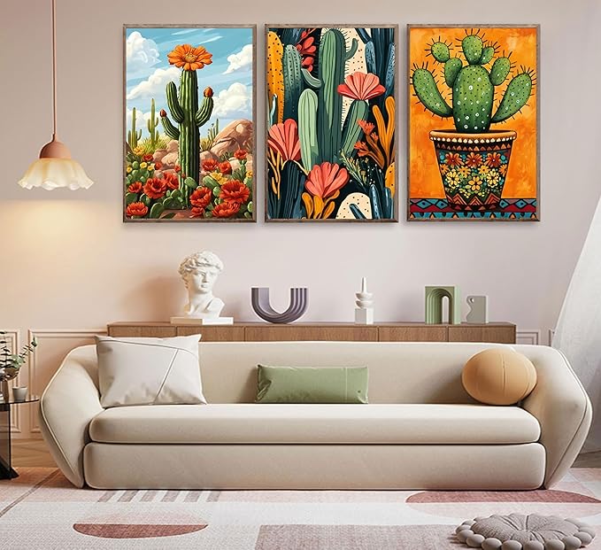 3pcs Framed Mexican Cactus Canvas Wall Art Vintage Desert Floral Posters Boho Southwestern Botanical Pictures Cactus in the desert Wall Decor Paintings Southwestern Potted Plants Prints Wooden framed