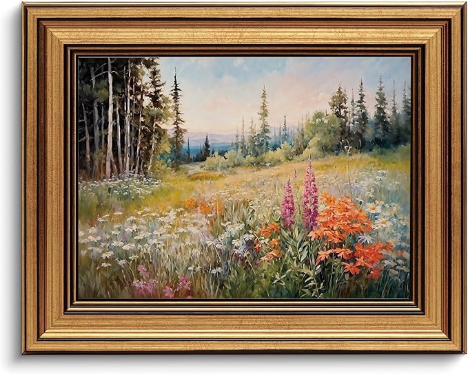 Gold Framed Wall Art Vintage Floral Canvas Wall Art Wildflower Field Rustic Landscape Sunset Sky Artwork Prints Picture for Living Room Bedroom Farmhouse Bathroom Office Decor, 8x10