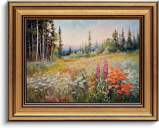 Gold Framed Wall Art Vintage Floral Canvas Wall Art Wildflower Field Rustic Landscape Sunset Sky Artwork Prints Picture for Living Room Bedroom Farmhouse Bathroom Office Decor, 8x10