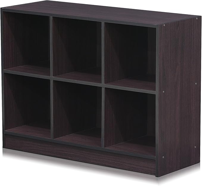 Furinno BASIC Book Shelf, 6-Cube Bookshelf with Open Shelf, 3 x 2 Bookcase with Storage Bins, Closed Back, Horizontal, 11.9 x 31.6 x 23.6, for Living Room, Bedroom, Home Office, Dark Walnut
