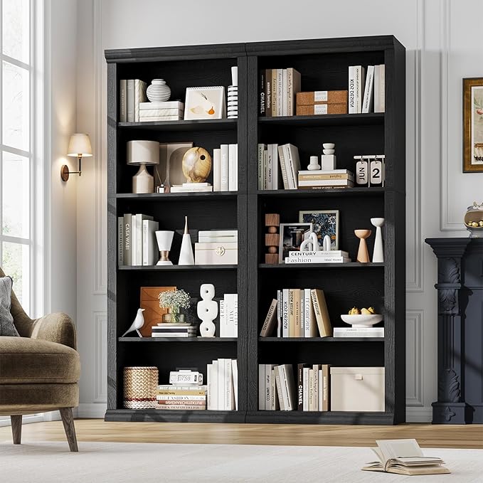 Rresyet 5 Tier Bookshelf and Bookcase, Tall Modern Bookcase with Storage Shelves, Sturdy Open Display Shelf for Living Room, Bedroom, Home Office, Dining Room Decor, Black