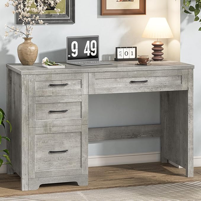 Vabches Farmhouse 47" Executive Desk with File Drawer, Workstation for Home Office, Study, Writing,Wood Computer Desk with 3 Storage Drawers .(Grey)