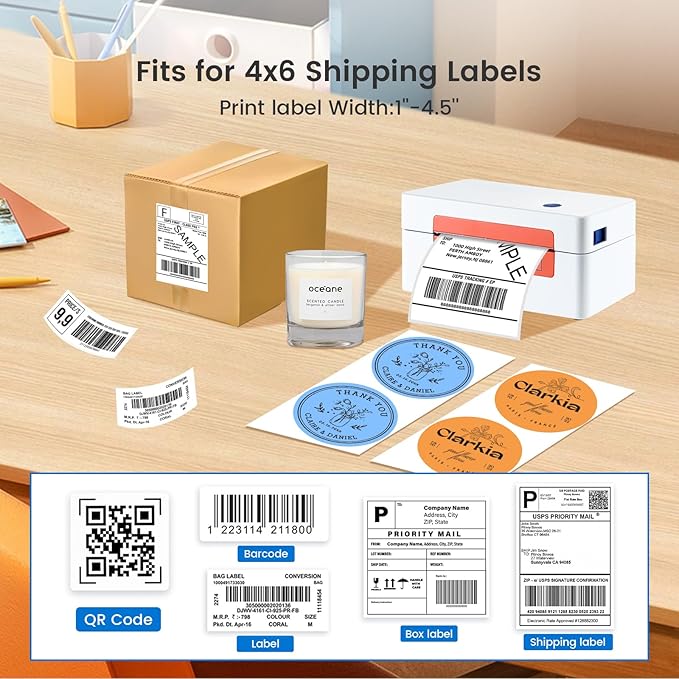 Bluetooth Thermal Label Printer, Wireless 4x6 Thermal Printers Shipping Label Printer for Small Business Shipping Package, Office, School Compatible with Amazon, Shopify, USPS, White